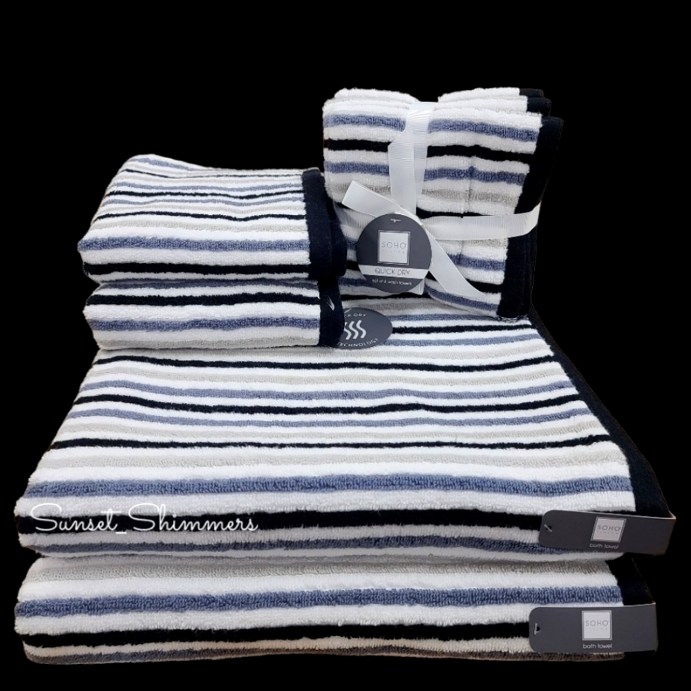 8pc Soho Living 2 Bath 2 Hand 4 Washcloth Towel Set Striped Black Blue Gray New